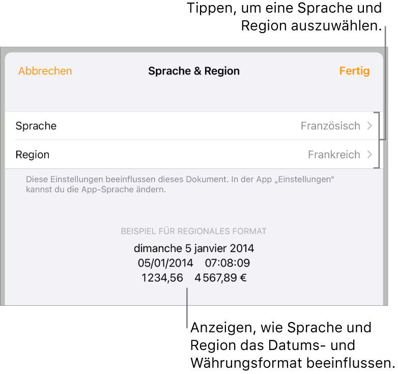 Das Fenster „Sprache & Region“ mit Einblendmenüs für Sprache und Region sowie einem Formatierungsbeispiel für Datum, Uhrzeit, Dezimalstellen und Währung.