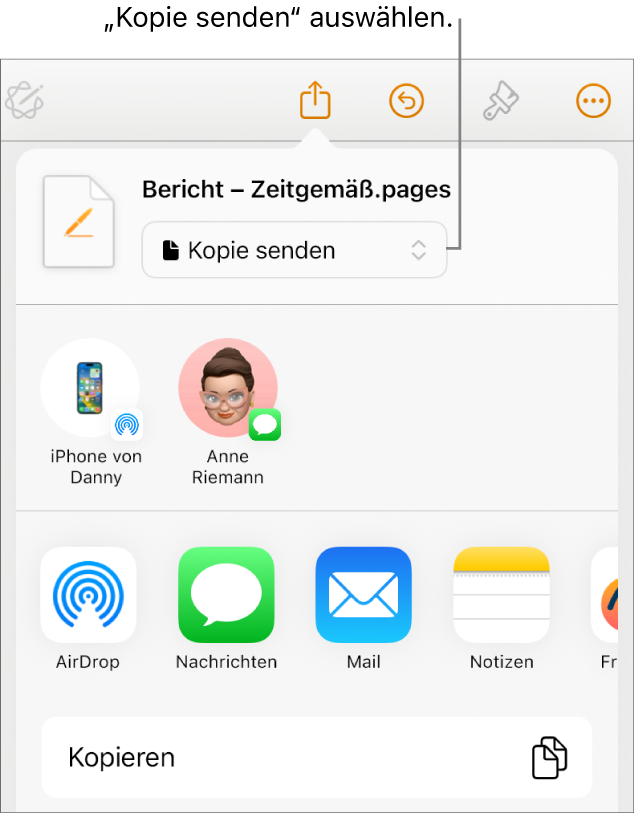 Das Menü „Teilen“, in dem „Kopie senden“ oben ausgewählt ist.