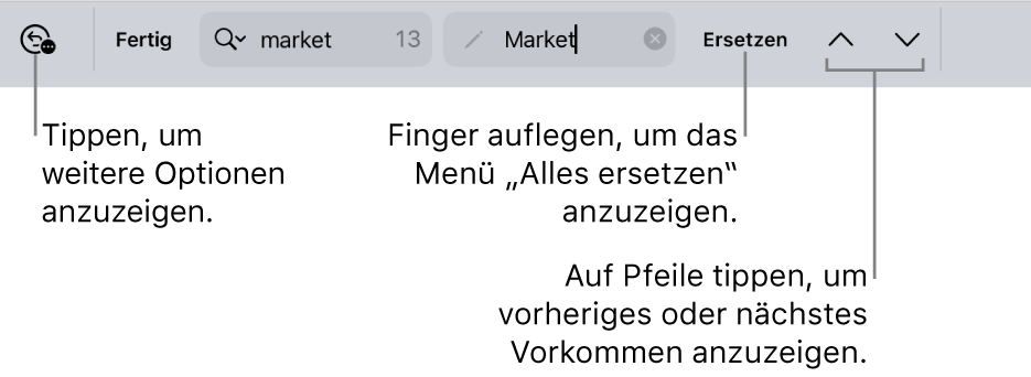 Die Steuerelemente „Suchen & Ersetzen“ über der Tastatur mit Beschreibungen zur Taste für Suchoptionen, zur Taste „Ersetzen“ und zu den Aufwärts- und Abwärts-Tasten