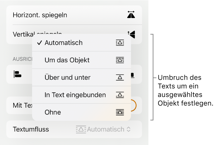 In den Formatsteuerungen ist der Tab „Anordnen“ ausgewählt. Darunter befinden sich die Steuerelemente für Textumbruch mit „Nach hinten/vorn bewegen“, „Mit Text bewegen“ und „Textumbruch“.