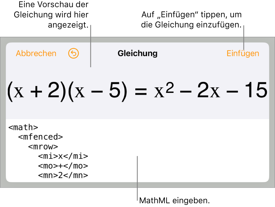Im Dialogfenster „Gleichung“ wird eine Gleichung angezeigt, die mit MathML-Befehlen geschrieben wurde, darüber wird eine Vorschau der Formel angezeigt.