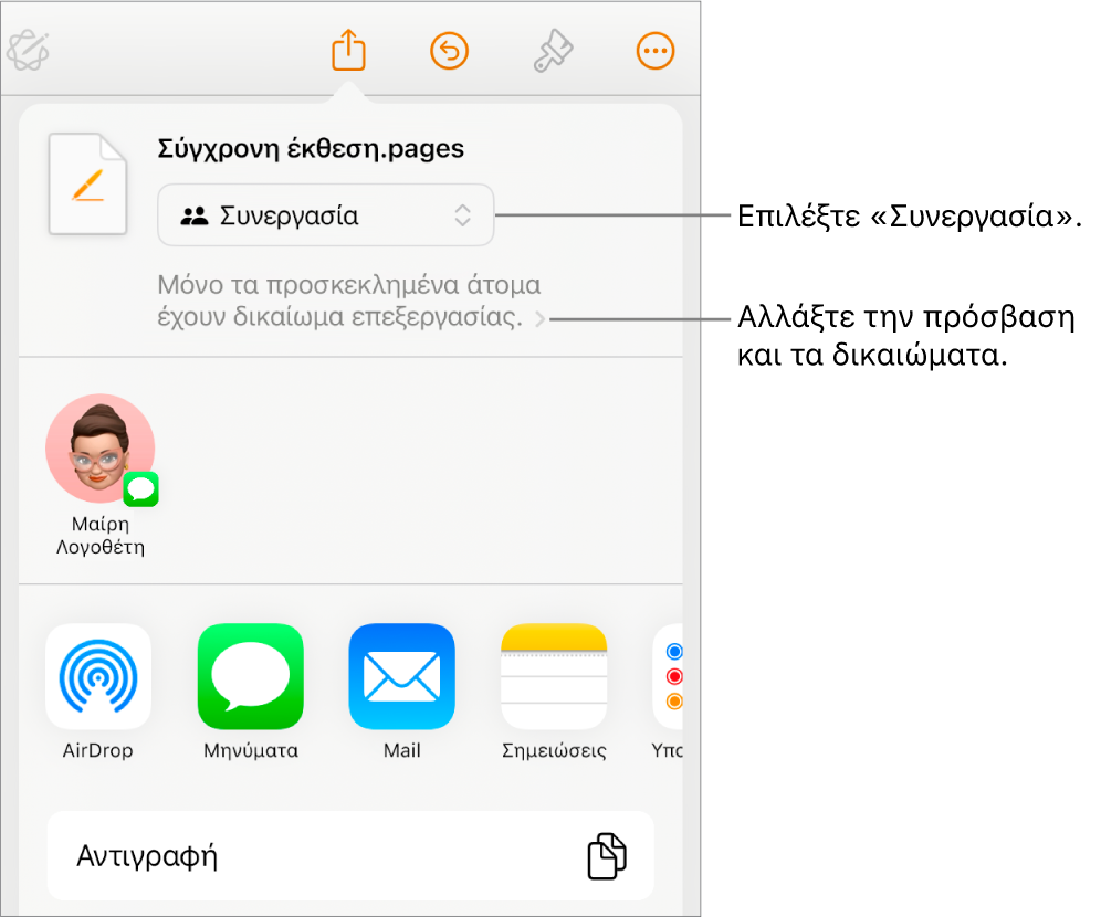 Το μενού «Κοινή χρήση» με επιλεγμένη τη «Συνεργασία» στο πάνω μέρος, και ρυθμίσεις πρόσβασης και δικαιωμάτων από κάτω.