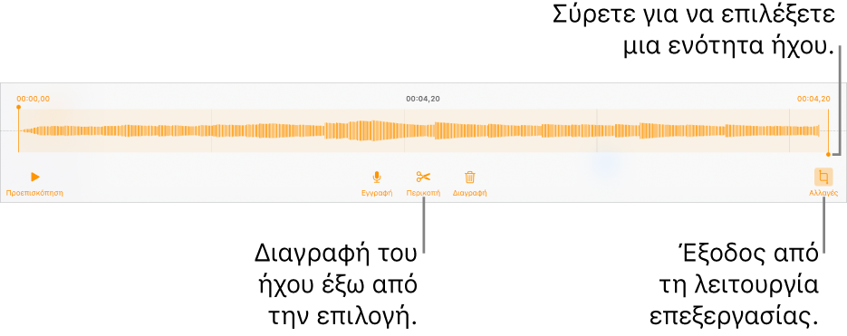 Στοιχεία ελέγχου για επεξεργασία ήχου εγγραφής. Λαβές που υποδεικνύουν την επιλεγμένη ενότητα της εγγραφής και τα κουμπιά «Προεπισκόπηση», «Περικοπή», «Διαγραφή» και «Επεξεργασία» από κάτω.