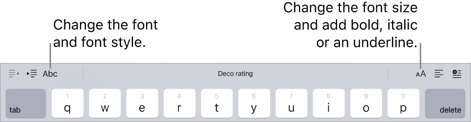 The text formatting buttons above the keyboard, starting on the left with indent, font, three predictive text fields, font size, alignment and insert.