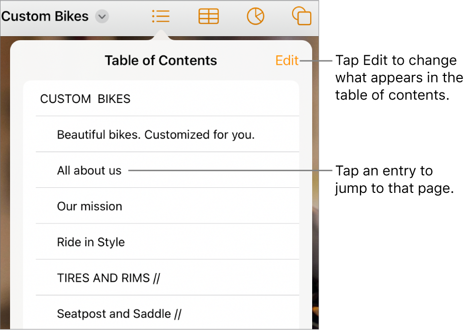 The table of contents view with entries in a list. The Edit button is at the top-right corner of the view.