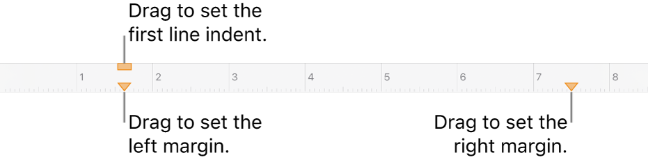 The ruler with callouts to the left margin marker, first line indent marker and right margin marker.