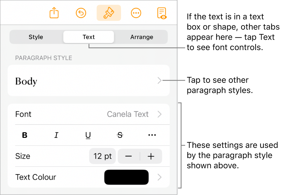 The Format menu showing text controls for setting paragraph and character styles, font, size and colour.