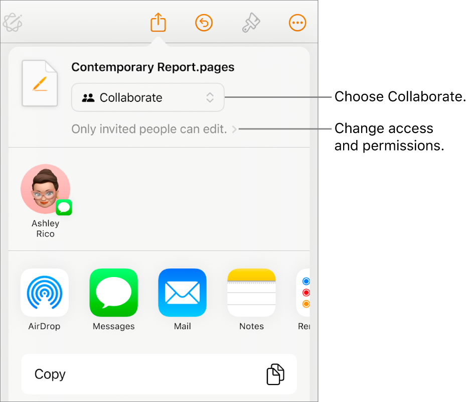 The Share menu with Collaborate selected at the top, and access and permission settings underneath.