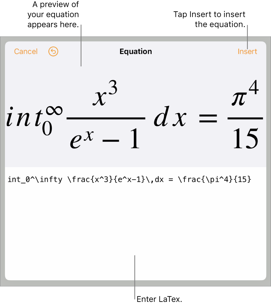 The Equation dialogue, showing an equation written using LaTex commands, and a preview of the formula above.