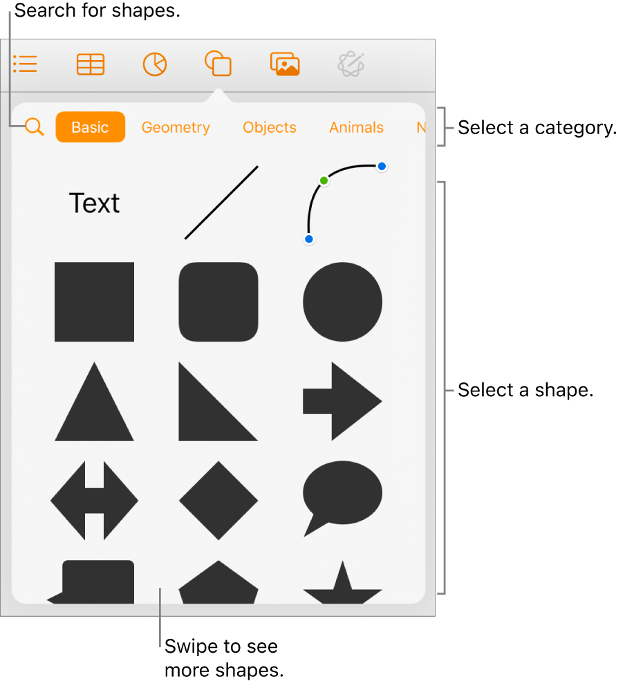 The shapes library, with categories at the top and shapes displayed below. You can use the search button at the top to find shapes and swipe to see more.