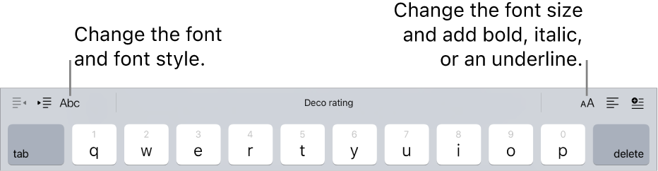 The text formatting buttons above the keyboard, starting on the left with indent, font, three predictive text fields, font size, alignment, and insert.