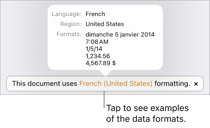 The notification of the different language and region setting, showing examples of the formatting in that language and region.