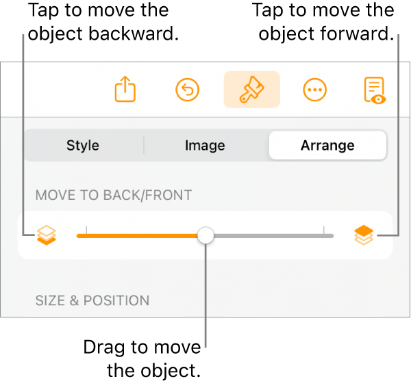 The Move Backward button, the Move Forward button, and the layering slider.