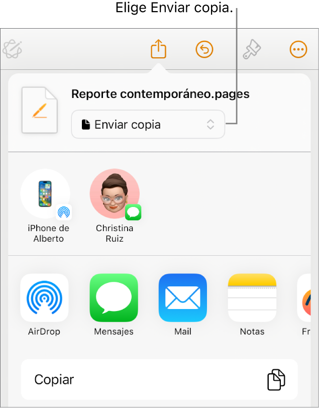 El menú Compartir con la opción Enviar copia seleccionada en la parte superior.