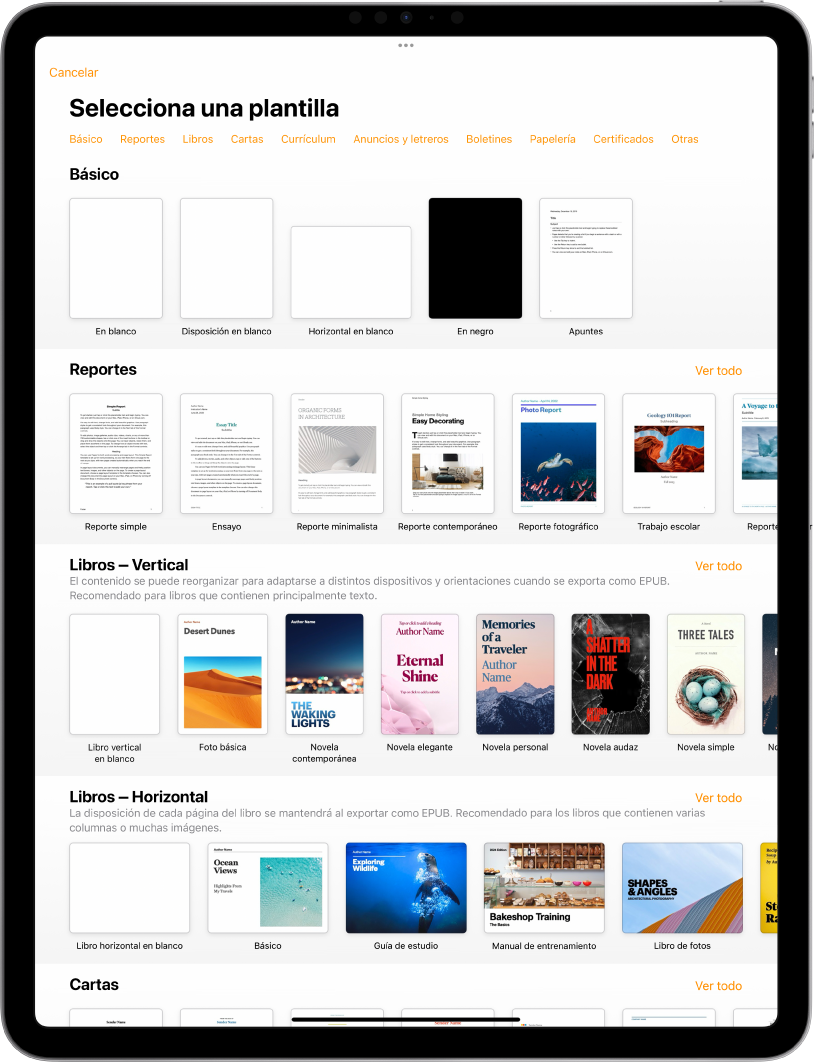 El selector de plantilla muestra una fila de categorías a lo largo de la parte superior en las que puedes tocar para filtrar las opciones. En la parte inferior, organizadas en filas por categoría, aparecen miniaturas de las plantillas prediseñadas, comenzando con la categoría Recientes en la parte superior, seguida por las categorías Básicas y Reportes. En la parte superior derecha de cada fila de categoría aparece un botón Ver todo.