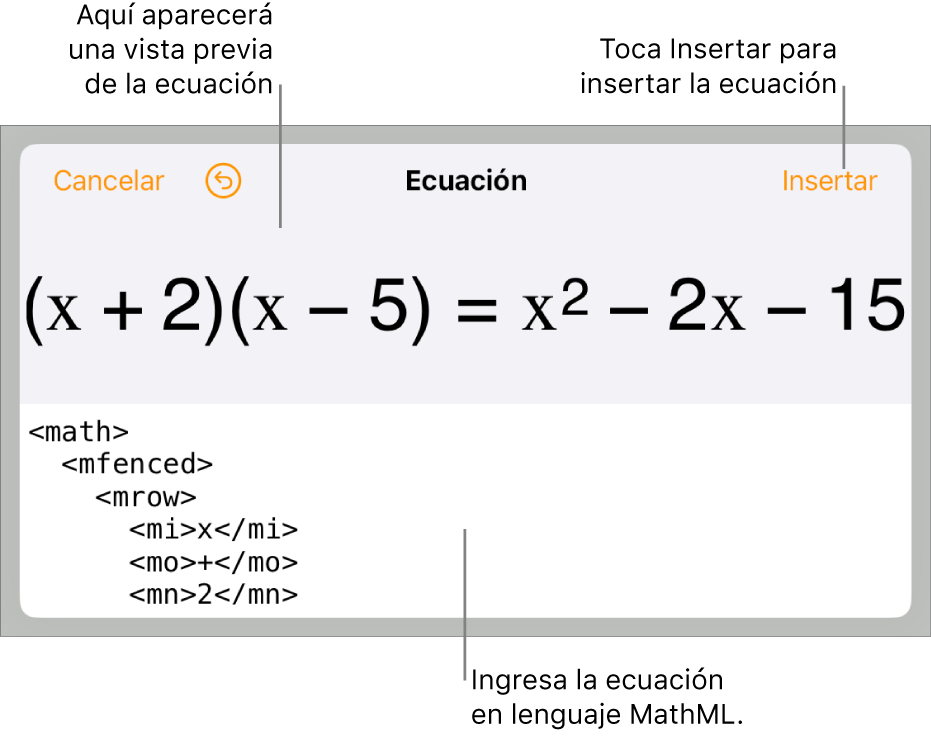 El cuadro de diálogo Ecuación con una ecuación escrita con comandos de MathML y una vista previa de la fórmula encima.