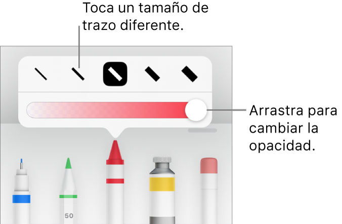 Controles para elegir el tamaño del trazo y selector para ajustar la opacidad.