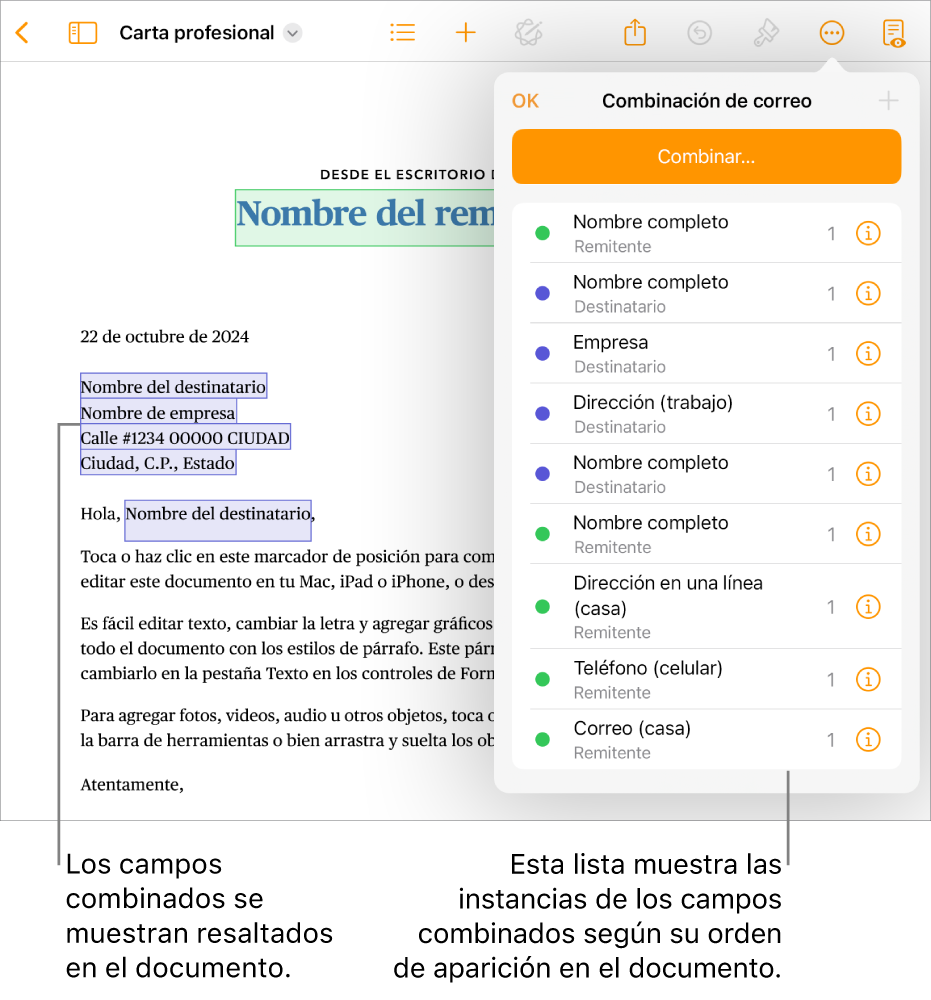 Documento de Pages con campos de combinación del remitente y del destinatario, y la lista de casos de campos de combinación visible en la barra lateral del documento.