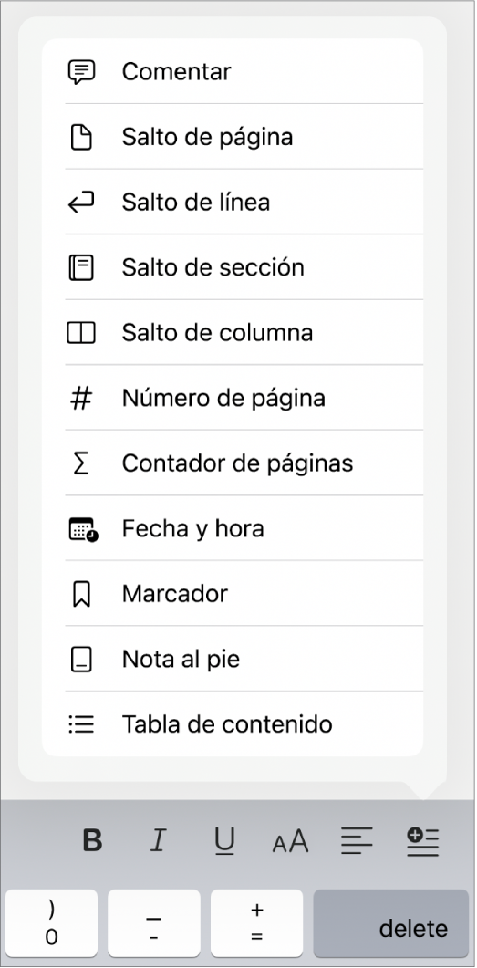 La barra de funciones rápidas con los controles Insertar abiertos, arriba del botón Insertar.