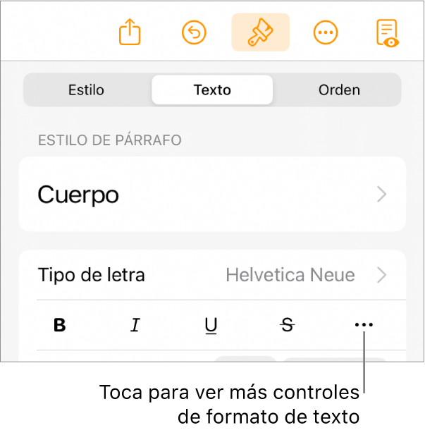 La pestaña Texto de los controles de formato, con un mensaje en el botón Más opciones de texto.