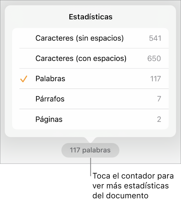 El contador de palabras con un menú que muestra las opciones para ver el número de caracteres con y sin espacios, el recuento de palabras, el recuento de párrafos y el recuento de páginas.