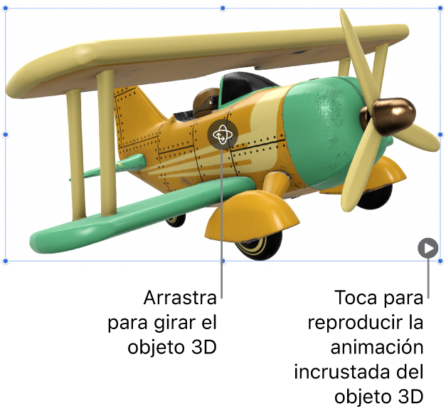 Un objeto 3D con el botón Girar en el centro del objeto y el botón Reproducir en la esquina inferior derecha.