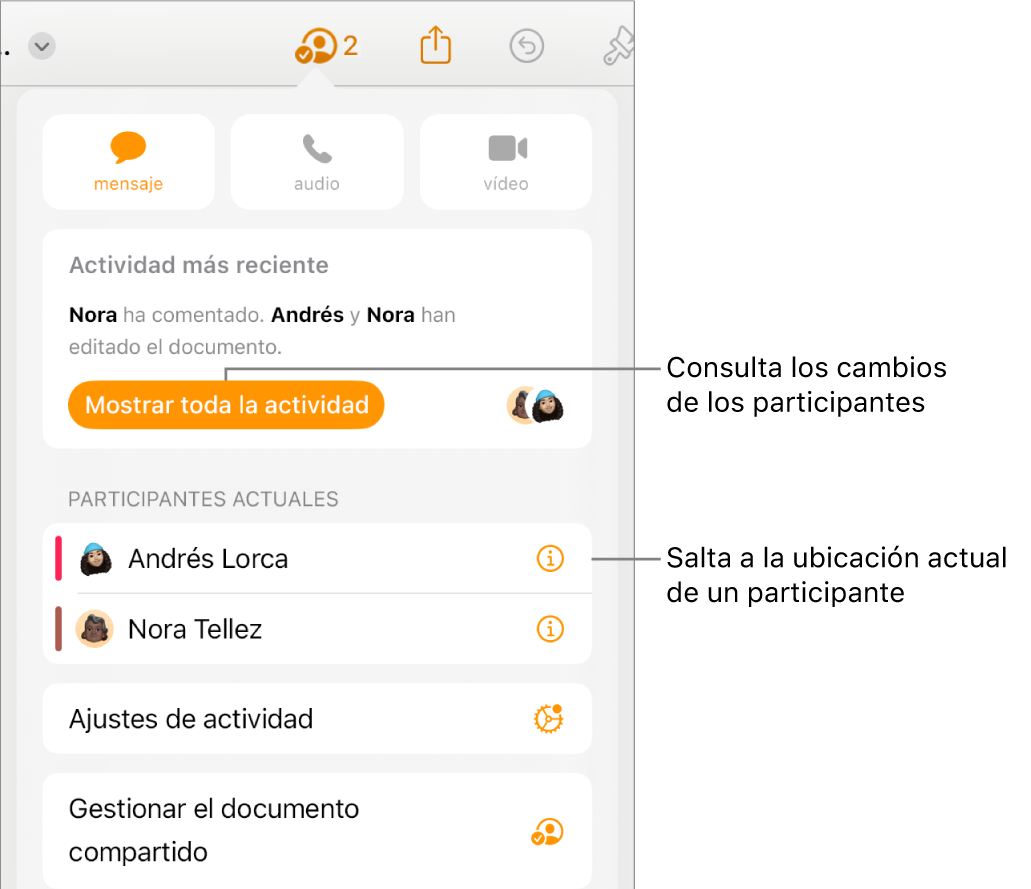 El menú de colaboración con los participantes actuales.