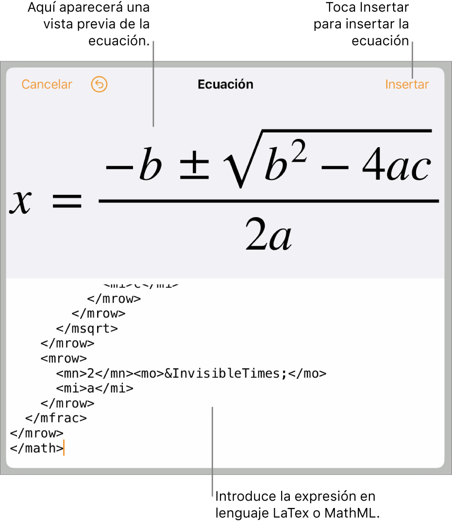 El diálogo Ecuación con una ecuación escrita con comandos de MathML y una previsualización de la fórmula encima.