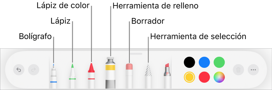 La barra de herramientas de dibujo en la app Pages del iPad, con un bolígrafo, lápiz, lápiz de color, relleno, borrador, herramienta de selección y paleta de colores, que muestra el color actual.