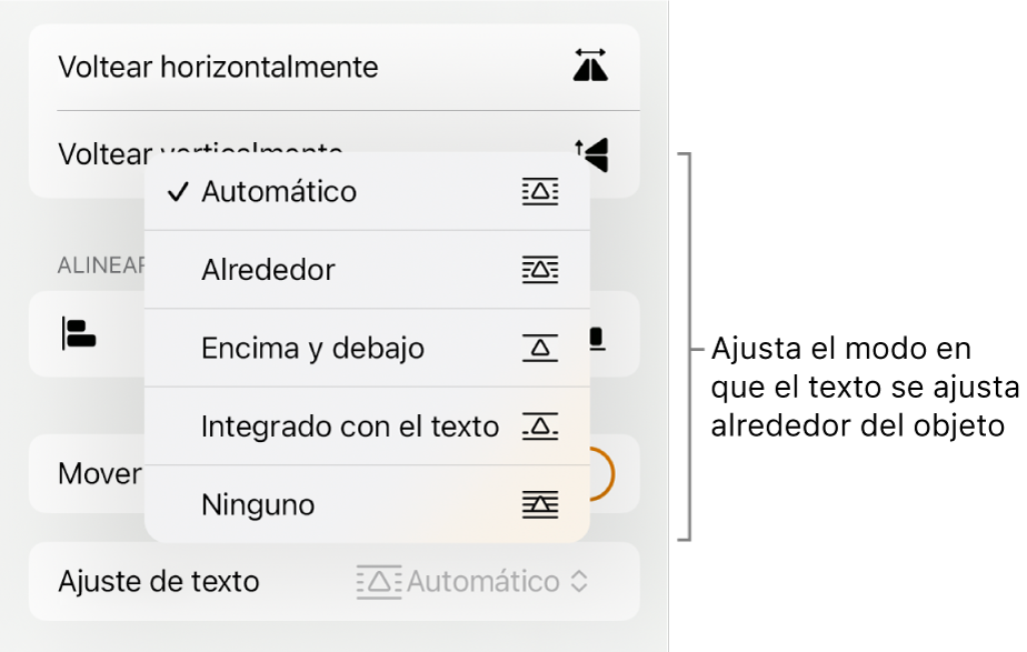 Los controles de Formato con la pestaña Disposición seleccionada. Debajo aparecen los controles de ajuste del texto, que incluyen “Mover a capa inferior/superior”, “Mover con texto” y “Ajuste de texto”.