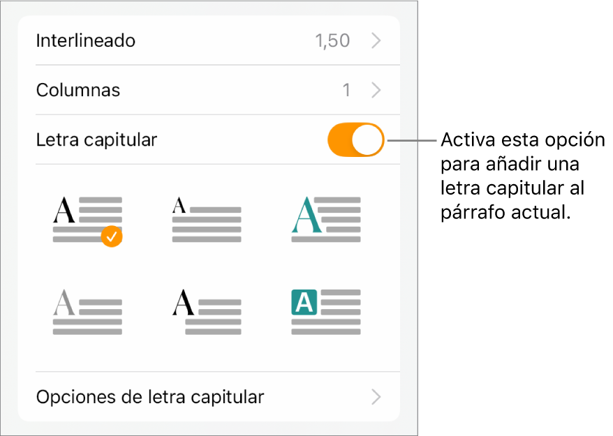 Los controles de “Letra capitular” situados en el menú Texto.