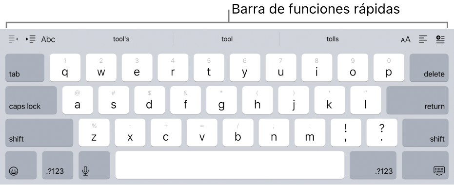 Un teclado con los botones de función rápida en fila por encima de la fila superior de las teclas.