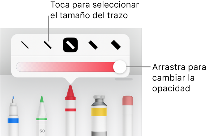Controles para seleccionar un tamaño de trazo y un regulador para ajustar la opacidad.