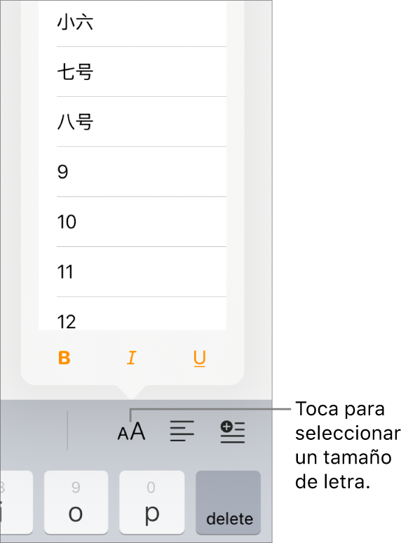 El botón “Tamaño de letra” en la parte derecha del teclado del iPad con el menú “Tamaño de la letra”. En la parte superior del menú aparecen los tamaños de tipo de letra estándar gubernamentales de China continental, con los tamaños en puntos debajo.