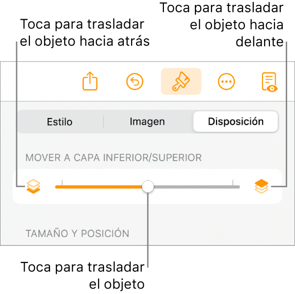 Botón “Mover hacia atrás”, botón “Mover hacia delante” y regulador de capa.