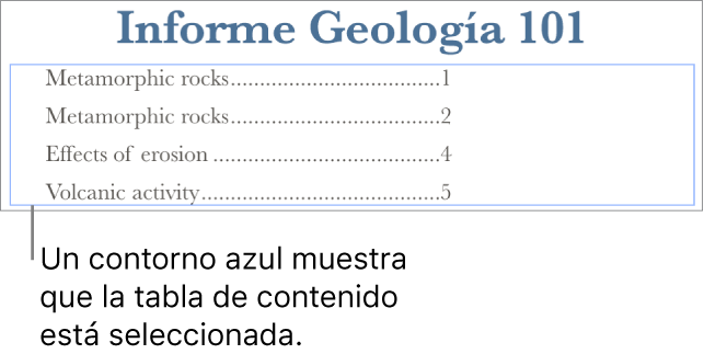 Una tabla de contenido insertada en un documento. Las entradas muestran las cabeceras junto con sus números de página.