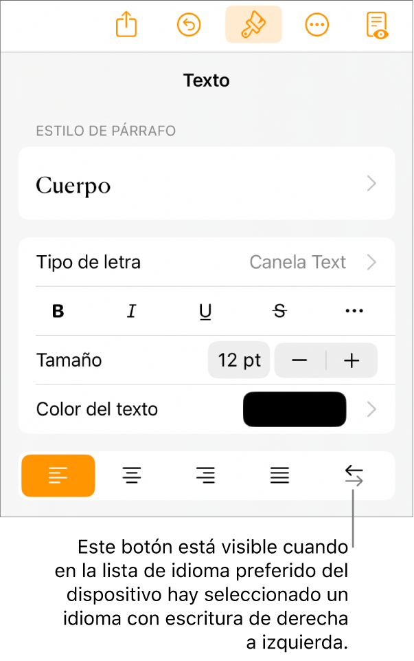 Controles de texto del menú Formato con una llamada al botón “De derecha a izquierda”.