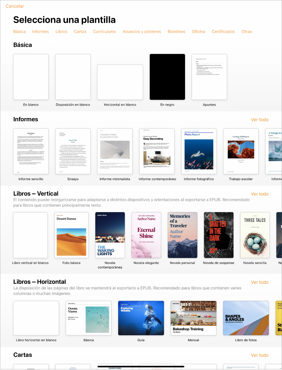 El selector de plantilla, mostrando una fila de categorías a lo largo de la parte superior en la que puedes tocar para filtrar las opciones. Debajo aparecen miniaturas de plantillas prediseñadas organizadas en filas por categorías, empezando por Recientes en la parte superior y seguida por Básicas e Informes. Por encima y a la derecha de cada fila de categoría aparece un botón “Ver todo”. El botón “Idioma y región” se encuentra en la esquina superior derecha.