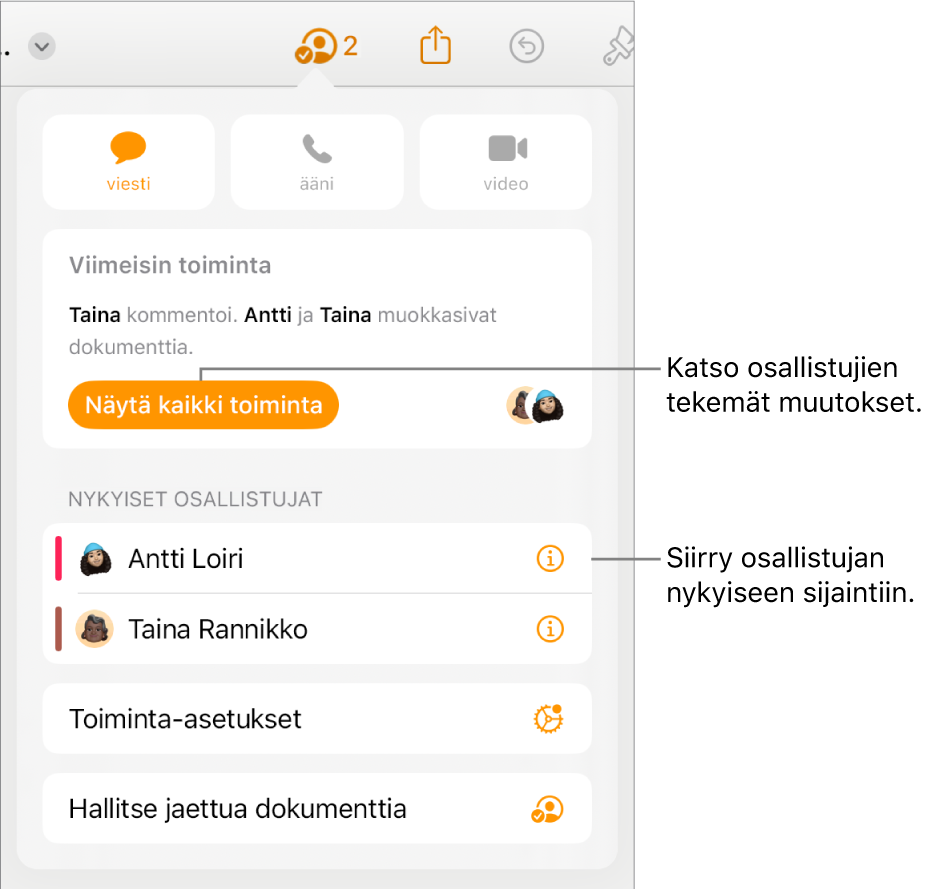 Yhteistyövalikko, jonka luettelossa on nykyiset osallistujat.