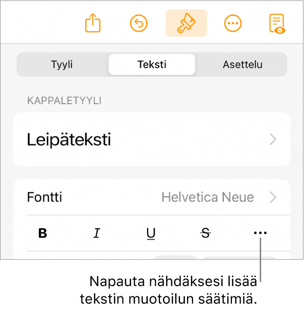 Muoto-säätimien Teksti-välilehti, jossa Lisää tekstivalintoja -painikkeen selite.