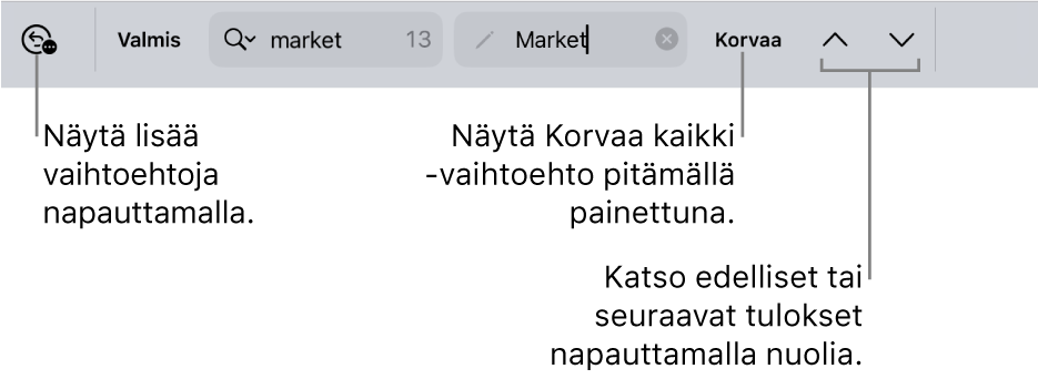 Etsi ja korvaa ‑säätimet näppäimistön yläpuolella ja selitteet Hakuvalinnat-, Korvaa-, Siirry ylös- ja Siirry alas ‑painikkeille