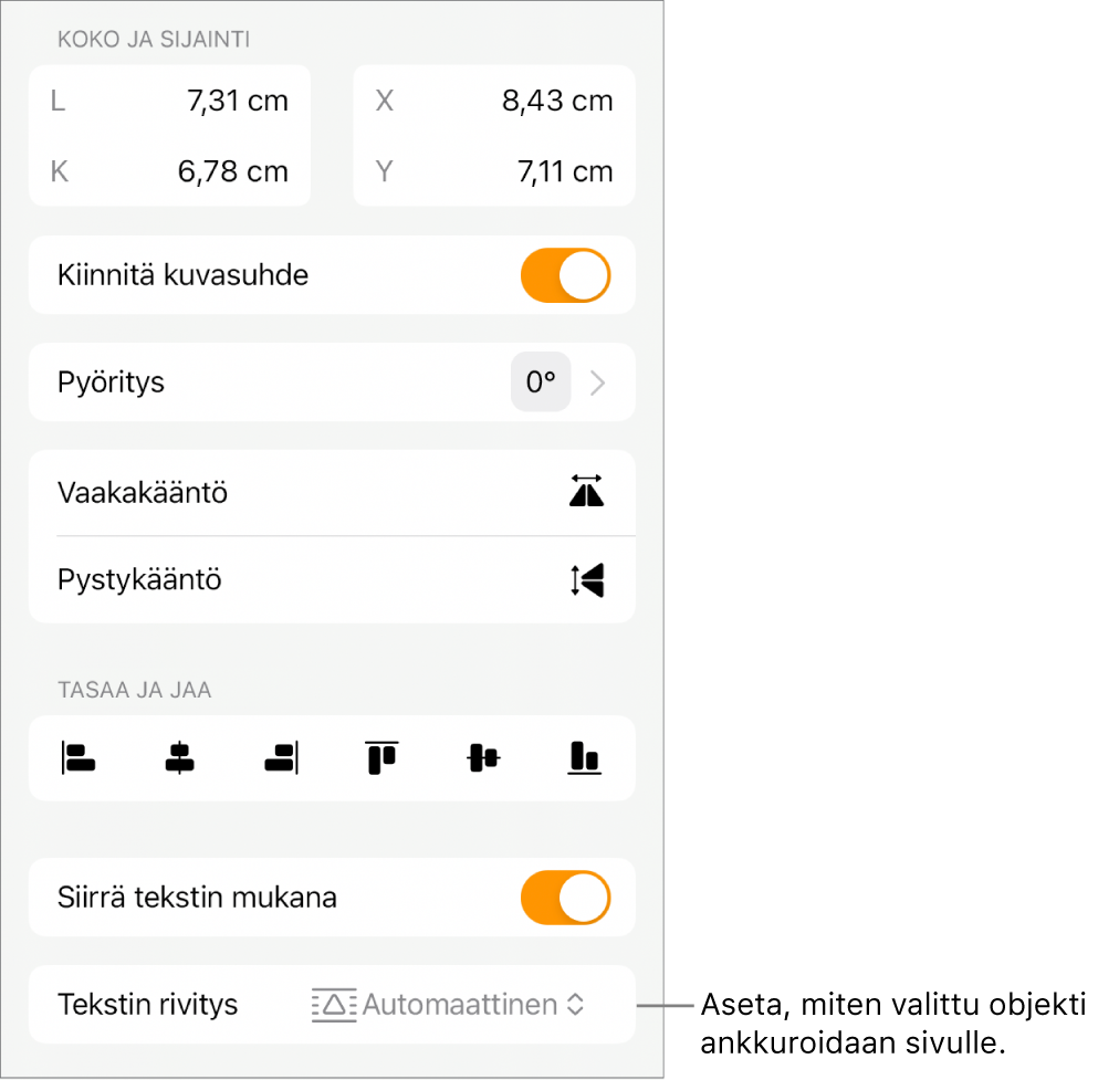 Muoto-säätimet Asettele-välilehden ollessa valittuna sekä säätimet toiminnoille Siirrä taakse/eteen, Tekstin mukana ja Tekstin rivitys.
