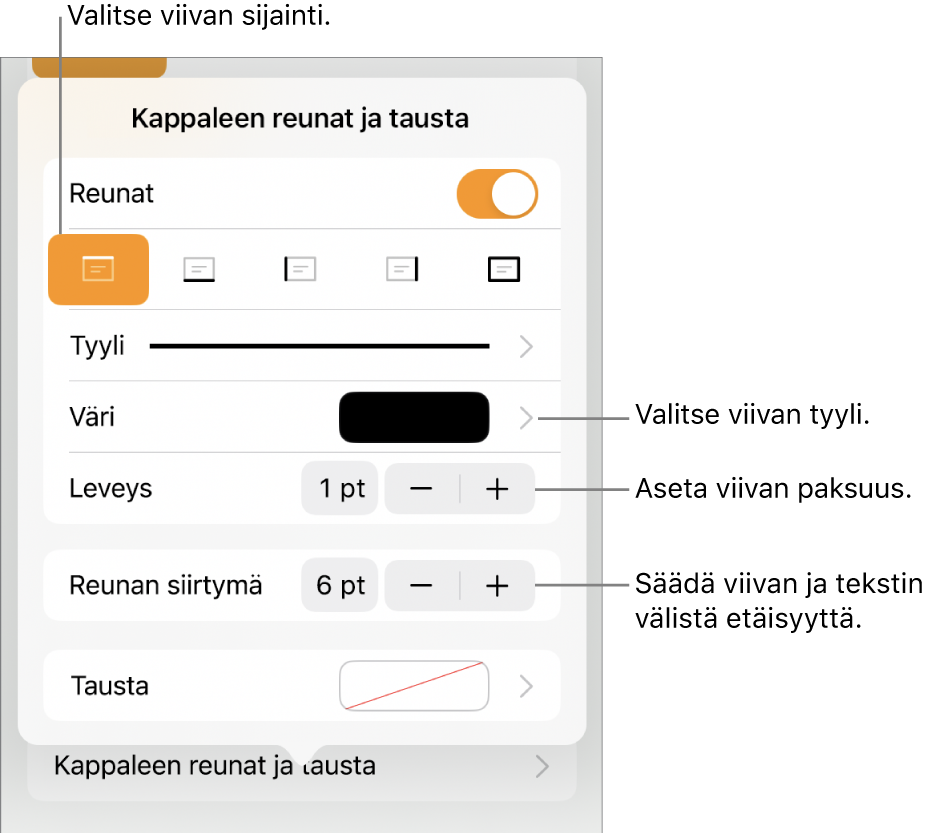 Säätimiä viivan tyylin, paksuuden, sijainnin ja värin muuttamiseen.