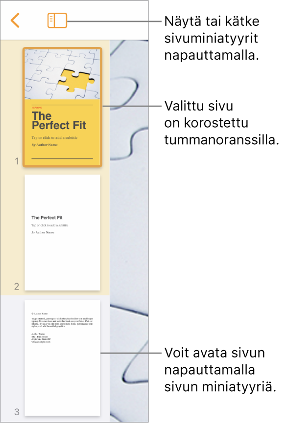 Sivujen miniatyyrinäkymä näytön vasemmassa reunassa ja yksi sivu valittuna. Näkymävalinnat-painike on miniatyyrien yläpuolella.