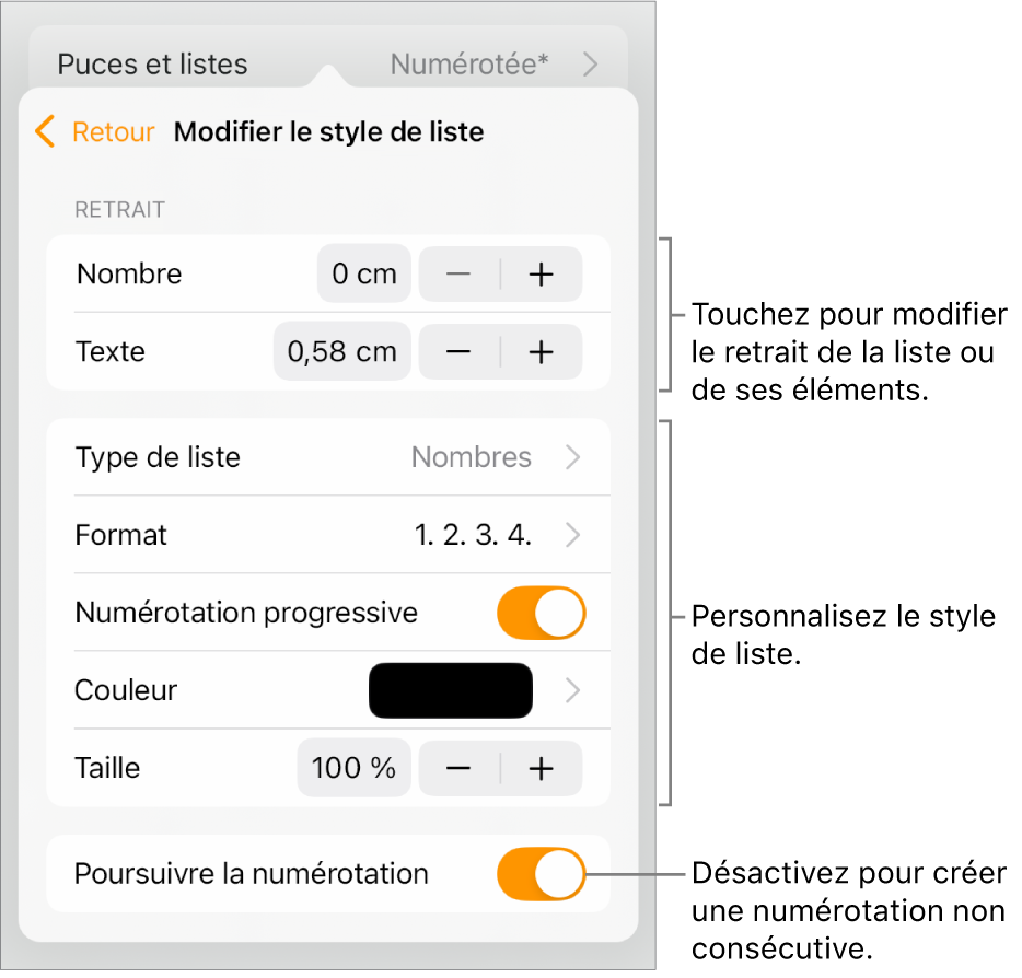 Menu Modifier le style de liste avec les commandes pour le retrait, le type et le format de liste, la numérotation progressive, la couleur et la taille, et la numérotation continue.