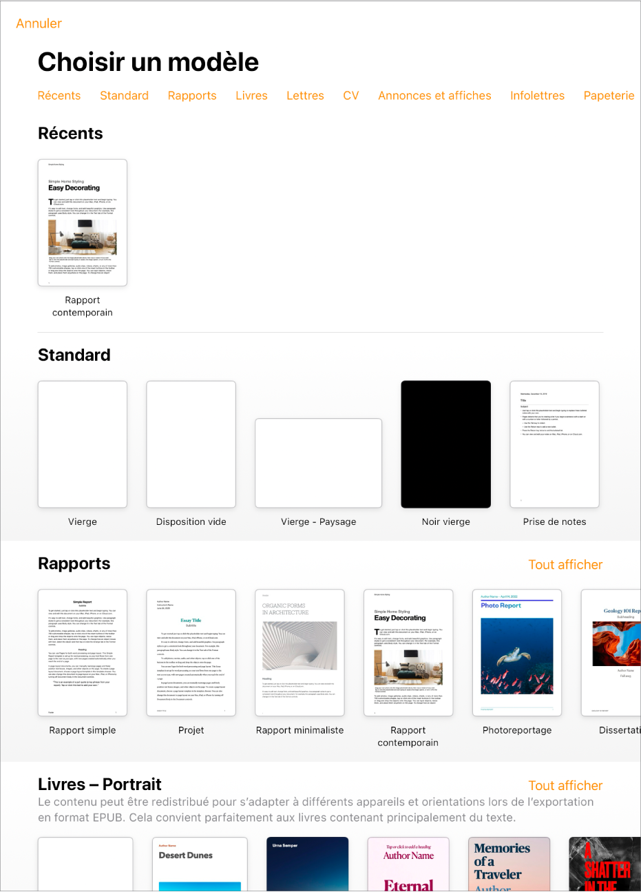 Page principale du sélecteur de modèles