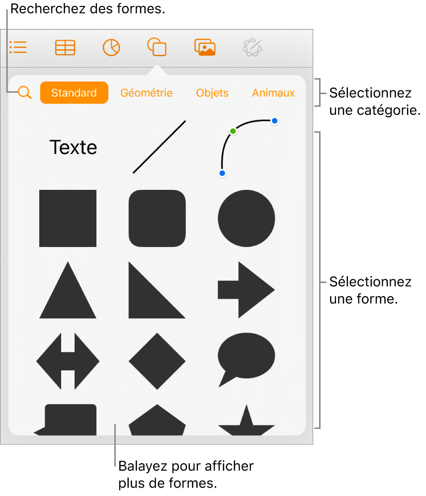 Bibliothèque de formes, les catégories étant affichées en haut et les formes, en bas. Utilisez le bouton de recherche situé en haut pour rechercher des formes. Balayez également l’écran pour en trouver d’autres.