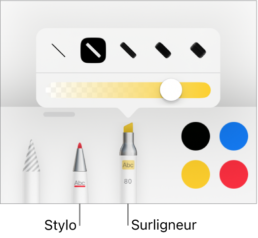 Le menu de l’outil d’annotation intelligente avec les boutons du stylo et du surligneur, les options de largeur des traits et le curseur d’opacité.