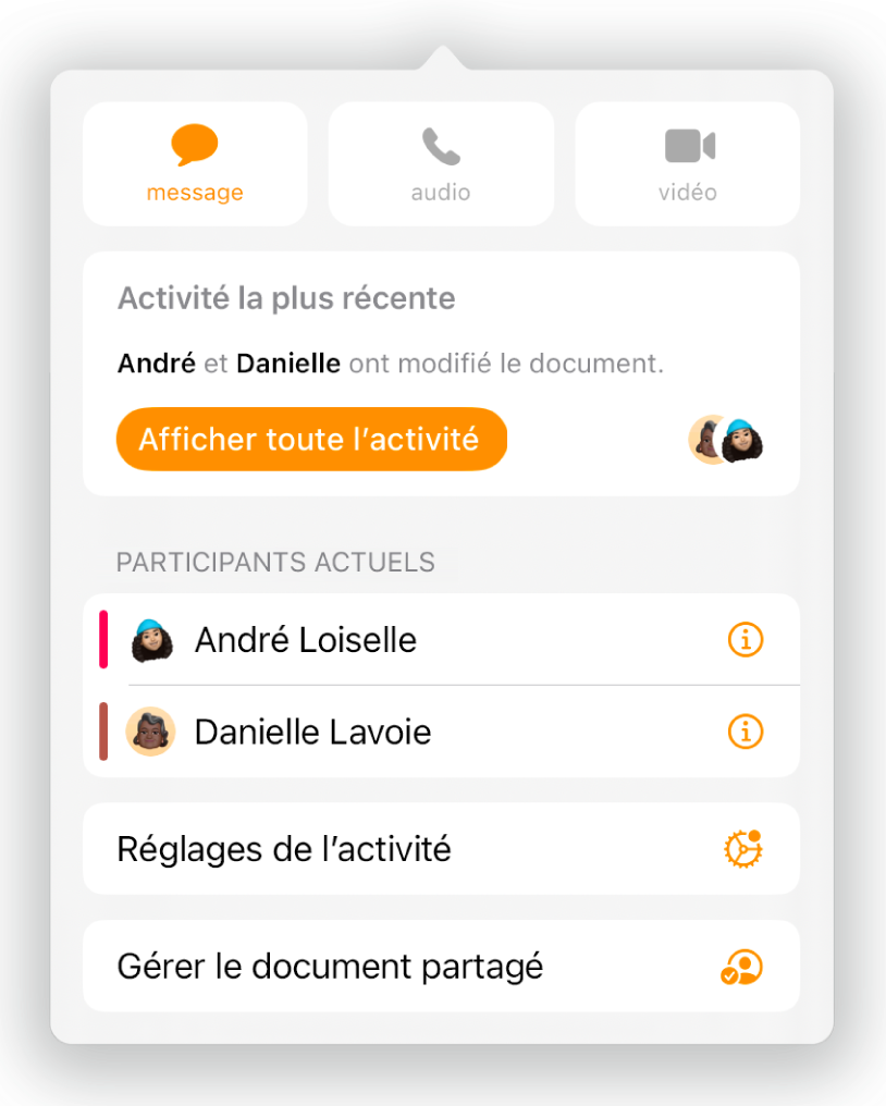 Le menu de collaboration affiche les noms des personnes collaborant au document.