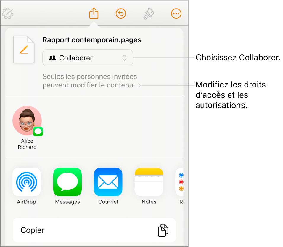 Le menu Partager avec l’option Collaborer sélectionnée dans le haut, au-dessus des réglages d’accès et d’autorisation.